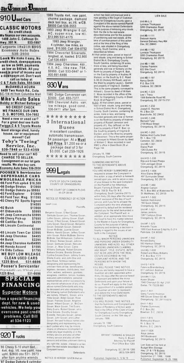 DEED ABOUT LAND SOLD TO HILLIARD GOVAN